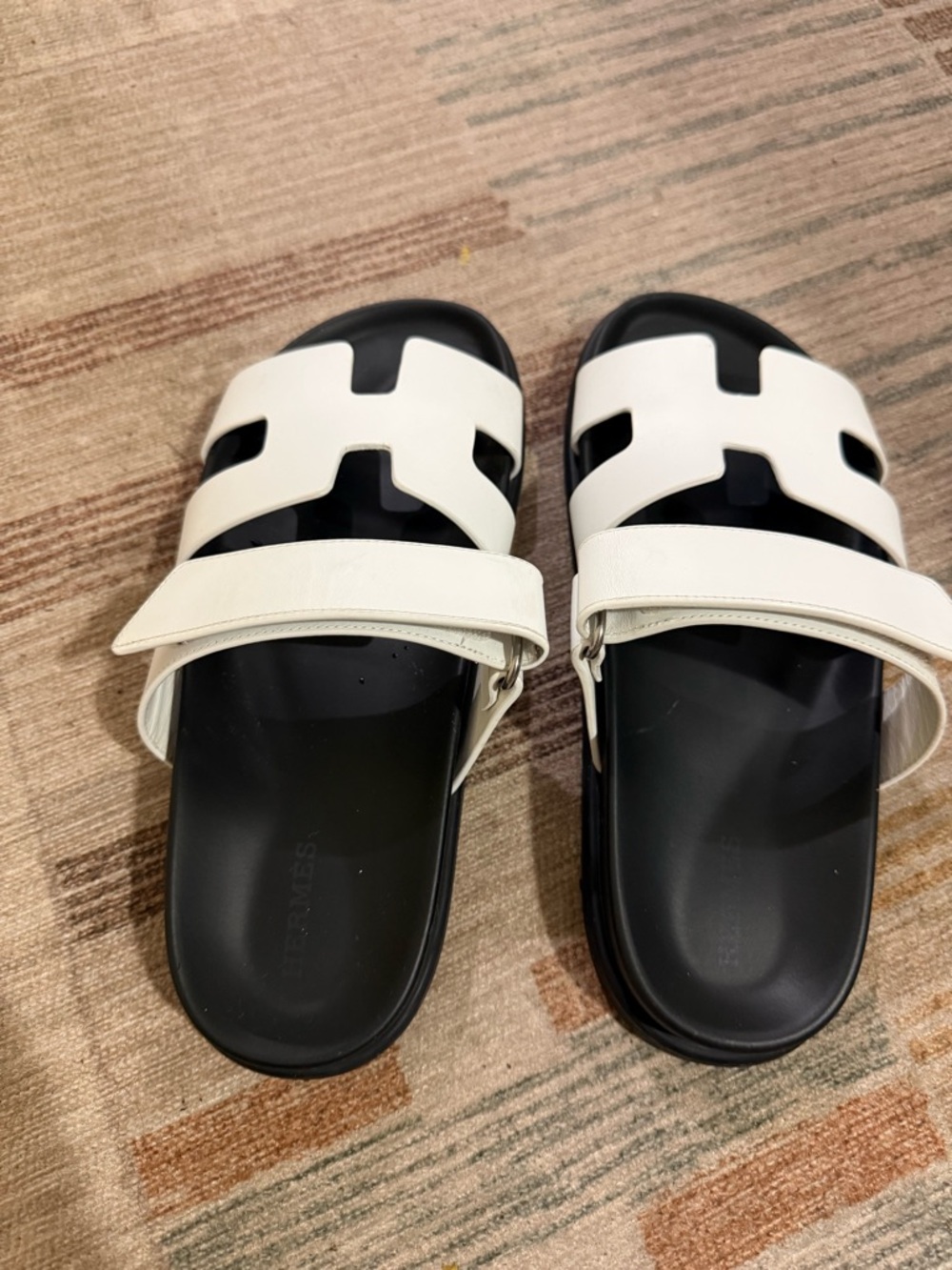 Hermes White and Black Leather Slide Sandals